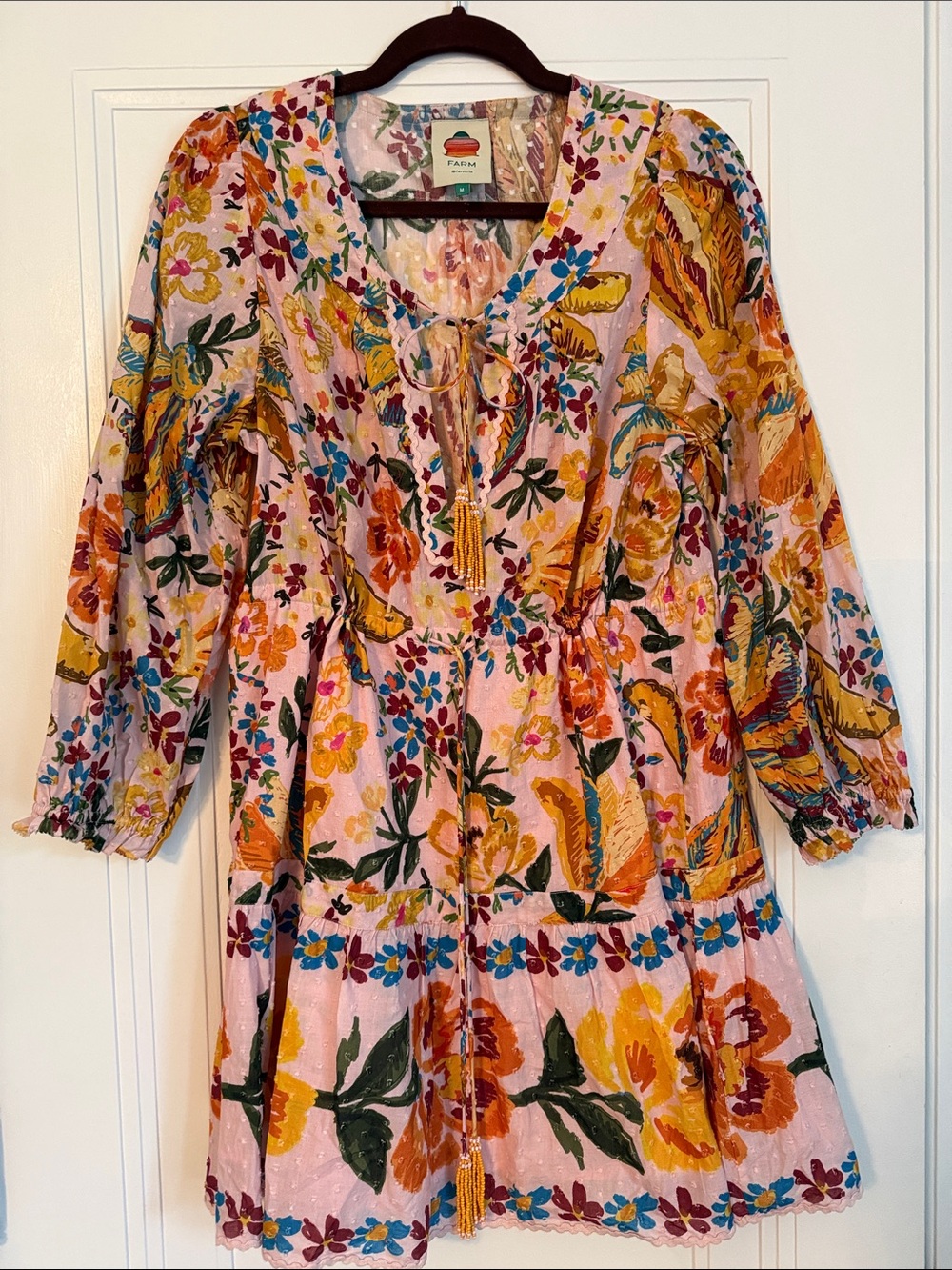 FARM Rio Pink Floral Long-Sleeve Tie-Front Mini Dress
